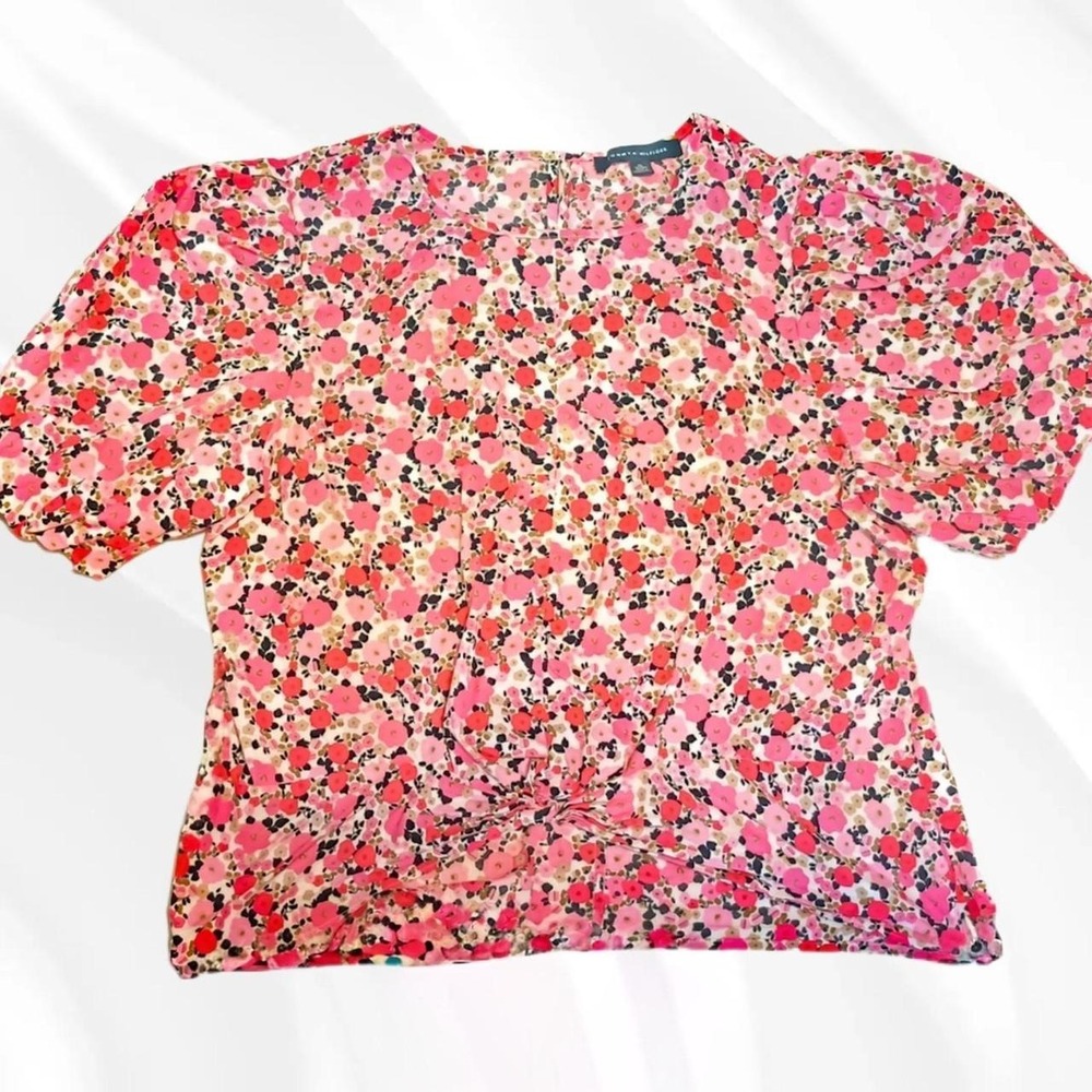 Size XL Womens Tommy Hilfiger Floral Blouse Pink Twist Front Puff Sleeve Top